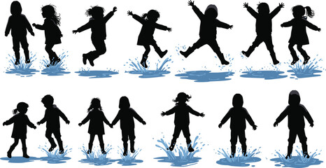 Children jumping in puddles, silhouette splash, playful motion, outdoor fun, water play, barefoot joy, rainy day, energetic pose illustration