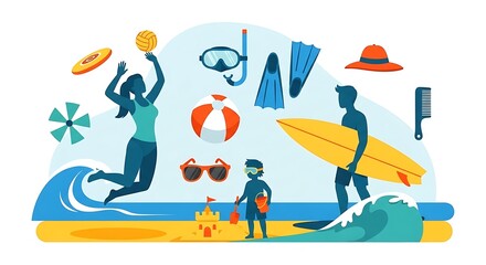 Colorful beach scene depicts various summer activities with a family and a woman playing volleyball.
