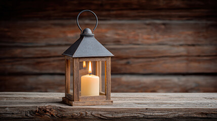 warm glow from candle illuminates antique lantern casting gentle shadows on rustic wooden surface