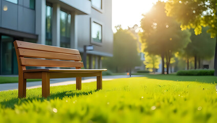Empty wooden park bench on green lawn in front of pathway and modern glass building, corporate campus setting - relaxing public space and peaceful urban park concept 