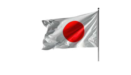 A digitally rendered Japanese flag billowing in the wind against a black background, displaying the iconic red circle on white.