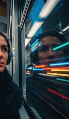 A woman on a train looks out the window her reflection merging with blurred city lights