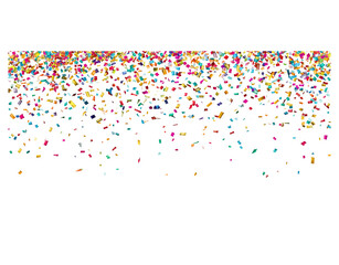 confetti falling on a white background, a colorful celebration, a party banner with a copy space area for text.
