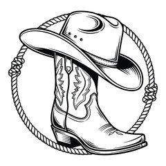Vector art of cowboy boot and hat isolated on white background with rope lasso © Rafiqulislam