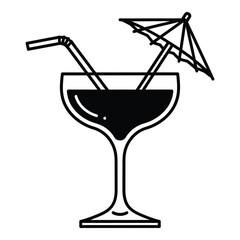 Vector art of a black and white drawing of a cocktail with an umbrella