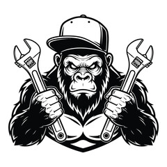 Vector art of a gorilla mechanic wearing a cap holds two wrenches isolated on white background © Rafiqulislam