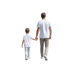a little boy sitting on the floor with his back to us, wearing brown pants and a short-sleeved t-shirt in a neutral color. the shirt is plain, without any patterns or designs