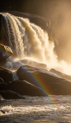 A waterfall cascades over rocks into water with rainbows visible in the mist