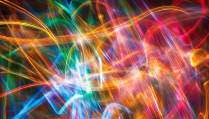 The illustration shows a complex interplay of red, orange, yellow, green, blue, and white light streaks forming an abstract pattern on a dark background.