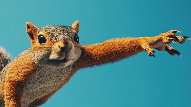 hyper-real, c4d, illustration, squirrel arm, reaching, rich blue background,