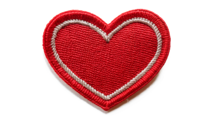 Closeup of a red heartshaped patch with a white border, isolated on transparent background, symbolizing love, affection, and heartfelt emotions