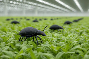 swarm of drone insects harvests unique vegetables in vertical farm with ultramodern interior