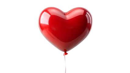 A glossy red heart balloon gently soars, isolated on transparent background, embodying love, affection, and festive cheer in a simple yet striking manner