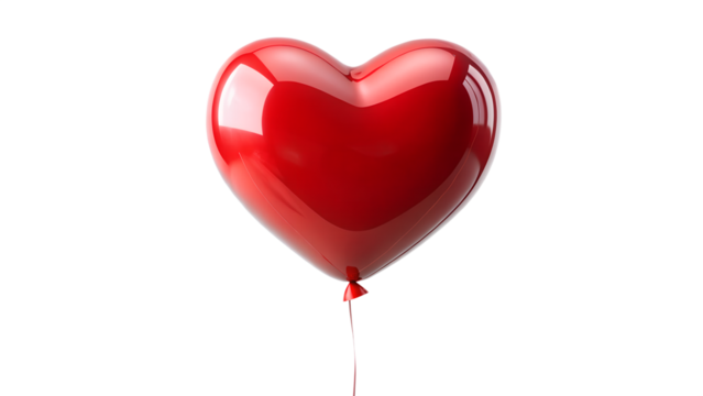 A glossy red heart balloon gently soars, isolated on transparent background, embodying love, affection, and festive cheer in a simple yet striking manner