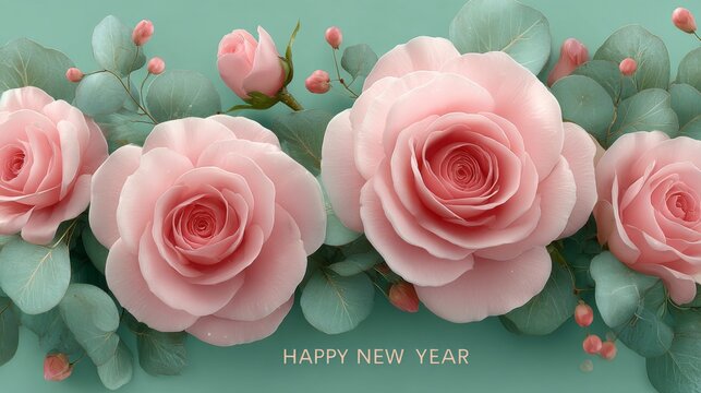Delicate pink roses with green leaves wishing a happy new year in a serene setting