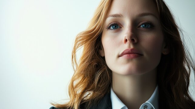 Confident businesswoman with wavy hair in professional attire posing against a light background during a corporate setting