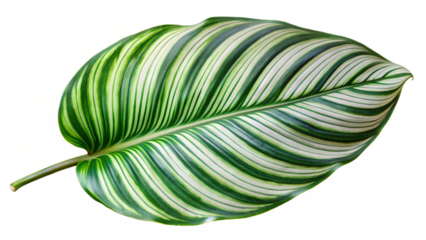 Closeup of a vibrant calathea ornata leaf, showcasing its striking green and white stripes, isolated on transparent background for design elements