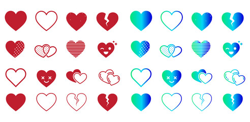 Grid of Heart Icons , Heart Variations  Red and Blue Icons for Emotion and Design