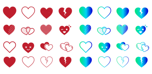 Grid of Heart Icons , Heart Variations  Red and Blue Icons for Emotion and Design