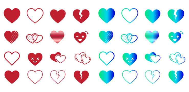Grid of Heart Icons , Heart Variations  Red and Blue Icons for Emotion and Design