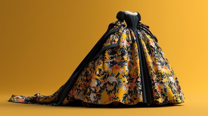 Colorful floral ball gown displayed against a bright yellow backdrop during a fashion showcase in autumn