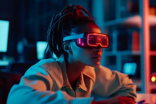 Young African American woman wearing neon AR headset in modern workspace, focused on immersive digital technology