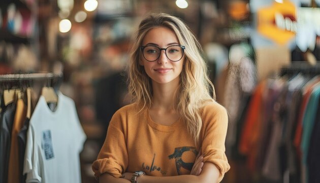 A blonde woman wearing glasses and a mustard yellow sweater stands with her arms crossed in a retail clothing store. - Powered by Adobe