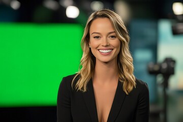 Weather reporter is smiling while presenting the forecast in a modern television studio with a green screen