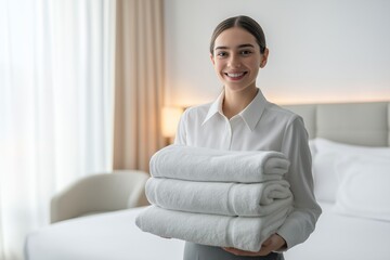 Smiling hotel maid in uniform holding clean white towels in bright room. Concept of hospitality, professional housekeeping, service, cleanliness, hygiene, comfort, luxury accommodation.