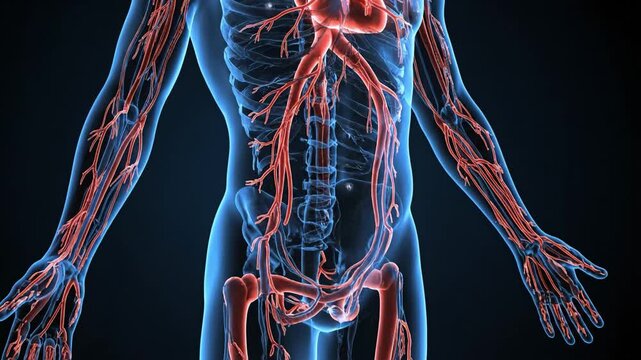Detailed 3D Illustration of Human Circulatory System Anatomy Highlighting Arteries, Veins, and Blood Vessels Within Transparent Skeletal and Muscular Structure Showcasing Complexity and Function