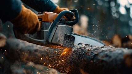 Close up of chainsaw cutting log with sparks and sawdust flying. Concept of danger, raw power, energy, forestry work, survival, strength, resilience, precision, outdoor labor, risk.