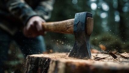 Axe chopping wood in forest with man in background, close up. Concept of strength, hard work, survival, energy, resilience, rural lifestyle, preparation for winter, outdoor labor.