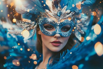 Close up portrait of a beautiful woman wearing an elaborate blue and silver masquerade mask adorned with feathers, with bokeh lights in the background, creating a festive and mysterious atmosphere