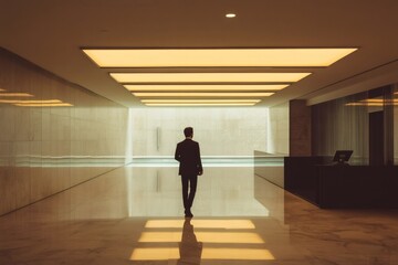 Fototapeta premium Businessman walking away from camera in elegant and modern office lobby with bright lights and marble floor