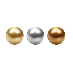 set of three silver, golden, and bronze pearls isolated on a white background with a clipping path. vector illustration.