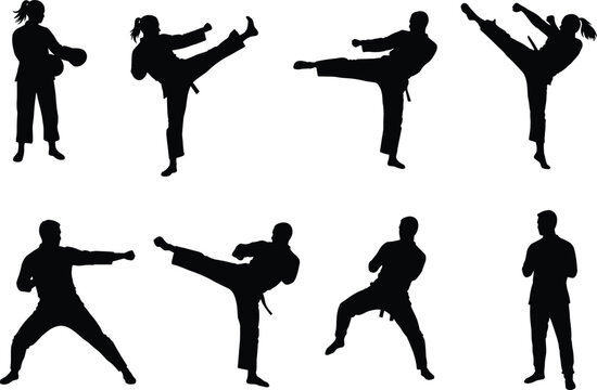 Karate silhouette collection, martial arts training, high kick pose, self defense, fighter stance, action figure, combat skills