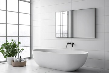 Bright and spacious bathroom featuring a freestanding bathtub, large window with a view of a snowy landscape, and minimalist design