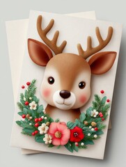 Cute cartoon reindeer with flowers and festive decorations for holiday celebrations
