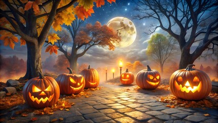 Spooky halloween night with carved pumpkins and full moon in the autumn park