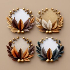 Decorative leaf wreaths in warm colors on a neutral background for seasonal home decor
