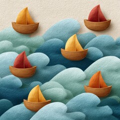 Colorful boats sailing through waves in a peaceful sea scene during a sunny day