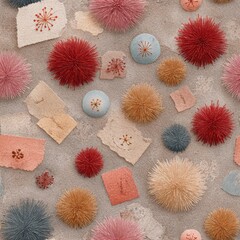 Colorful textile art pieces scattered on a textured surface in a creative display