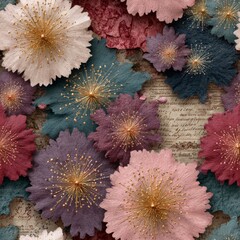 Colorful hand-painted flowers with gold accents on textured paper background