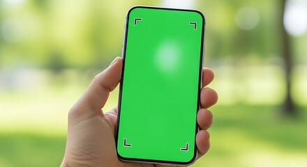 Smartphone with a vibrant green screen is held outdoors in a natural setting.