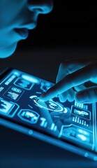 Closeup shot of a person interacting with a touch screen displaying data visuals under blue light