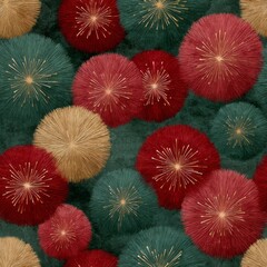 Colorful abstract design featuring round forms in red, green, and gold on a dark background
