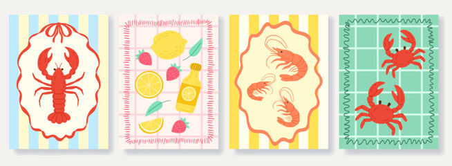 Four blue signs with food and a woman on themA set of four posters featuring different types of seafood, including shrimp and crabs. The posters are colorful and feature a variety of fruits and vegeta