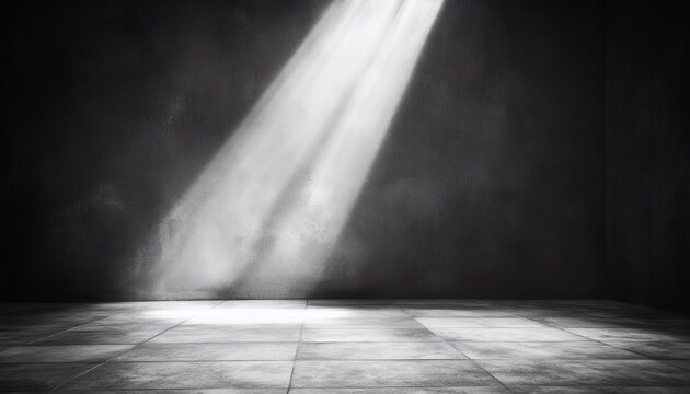 A single, bright light ray cuts through the darkness of a room, illuminating a tiled floor and textured wall.