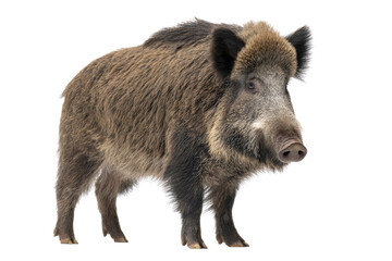 A majestic wild boar, standing alert, with thick brown fur, against a transparent background. background removed
