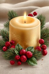 Golden candle surrounded by festive greenery and red berries on a soft background